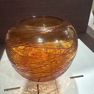 Hand Blown Art Glass Rose BowlAmber W Ruby Threading 6.5” iMurano Style